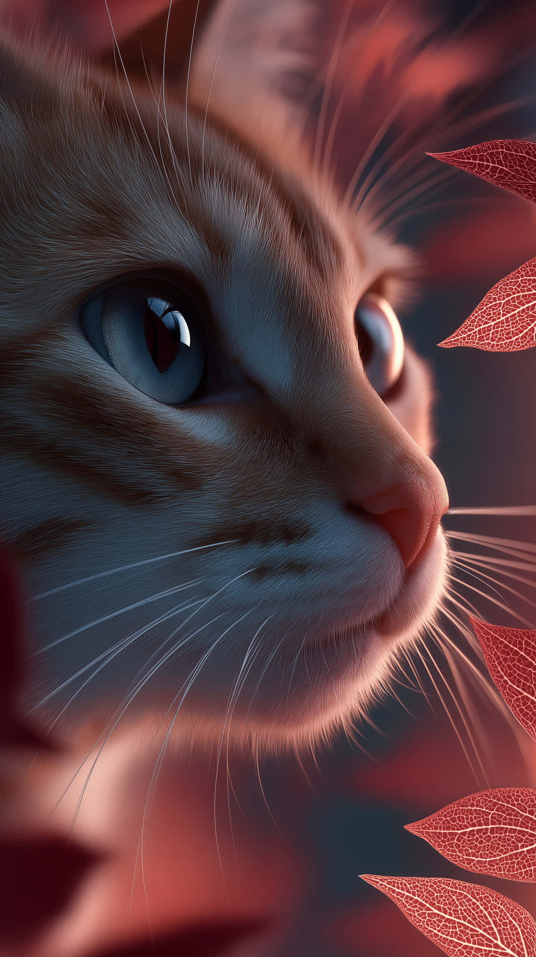 Expressive Cat Portrait with Detailed Fur 壁紙 — 一頭薑黃色虎斑貓的臉部特寫，藍色的眼睛向上凝視，被半透明的紅葉框住。