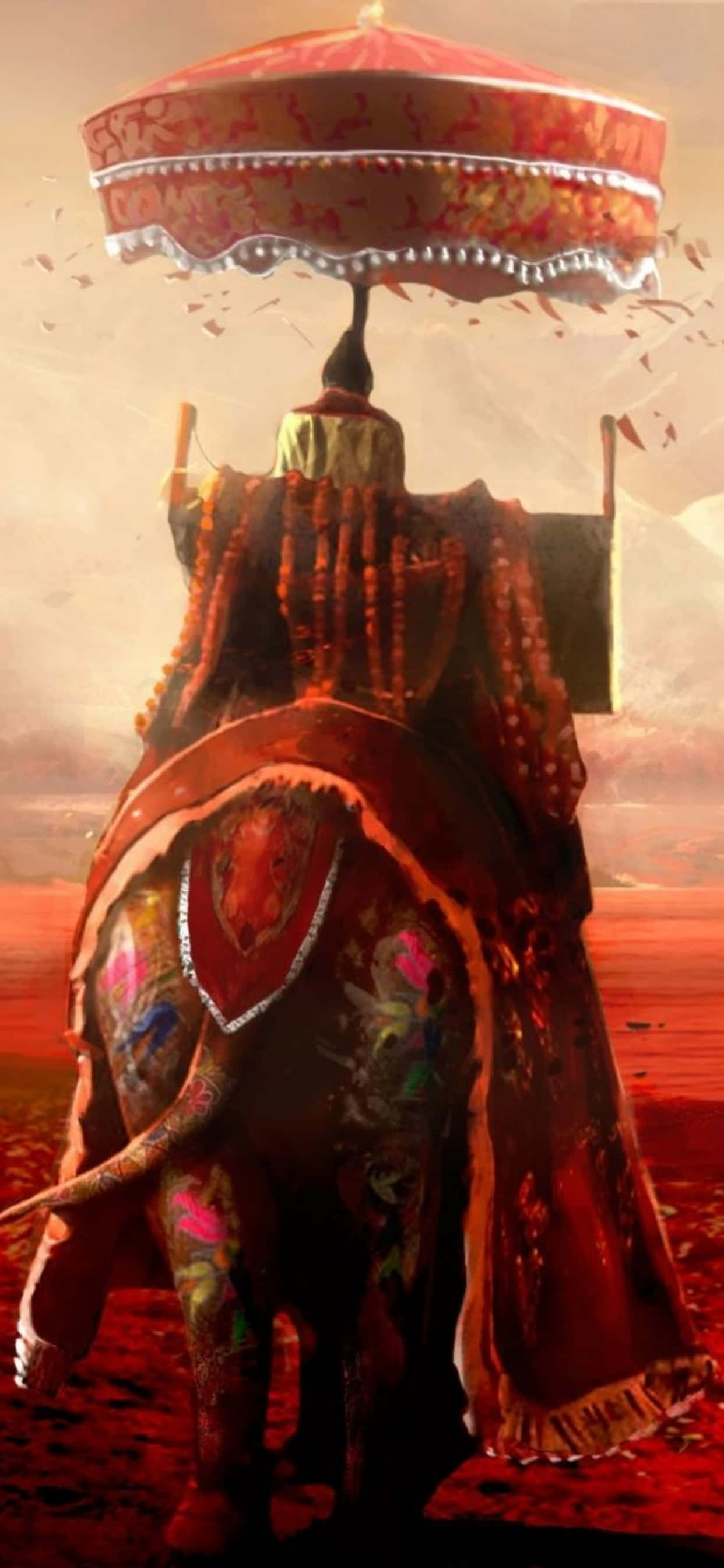 iPhone Xs Max Far Cry 4 桌布 壁紙 — 一頭裝飾華麗、披著紅色華蓋的雄偉大象，在朦朧的天空下，走過火紅色的景觀。