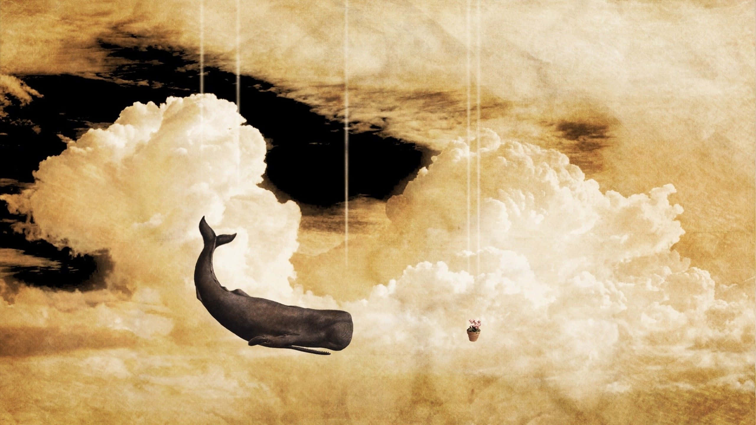 雲朵 桌布 壁紙 — 一頭超現實的鯨魚漂浮在懷舊色調的雲層中，一個帶著籃子的小人物在附近飄蕩。