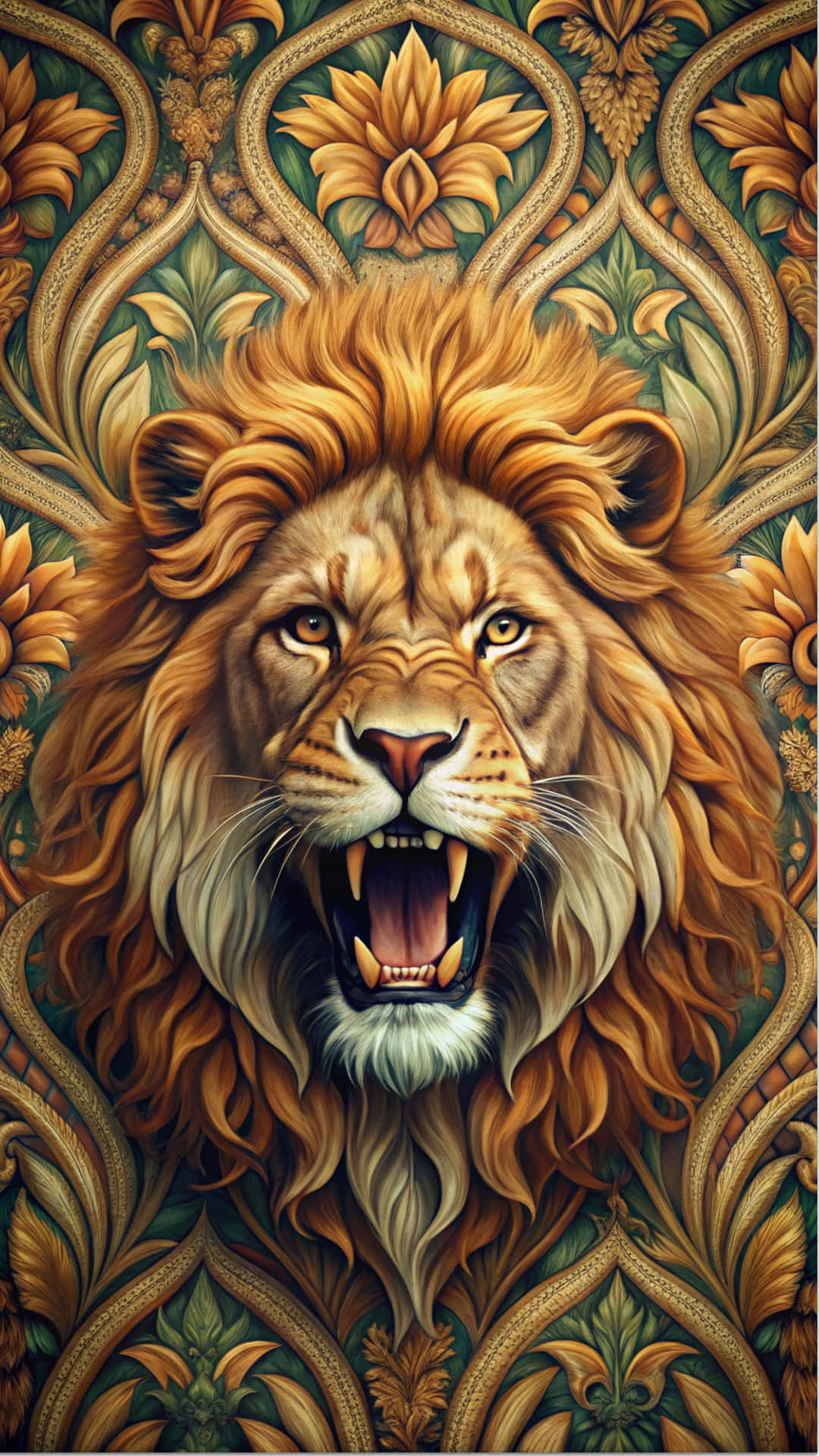 Lion wallpaper 壁紙 — 一頭金色鬃毛的咆哮獅子，置於華麗的綠色和金色花卉壁紙圖案上。