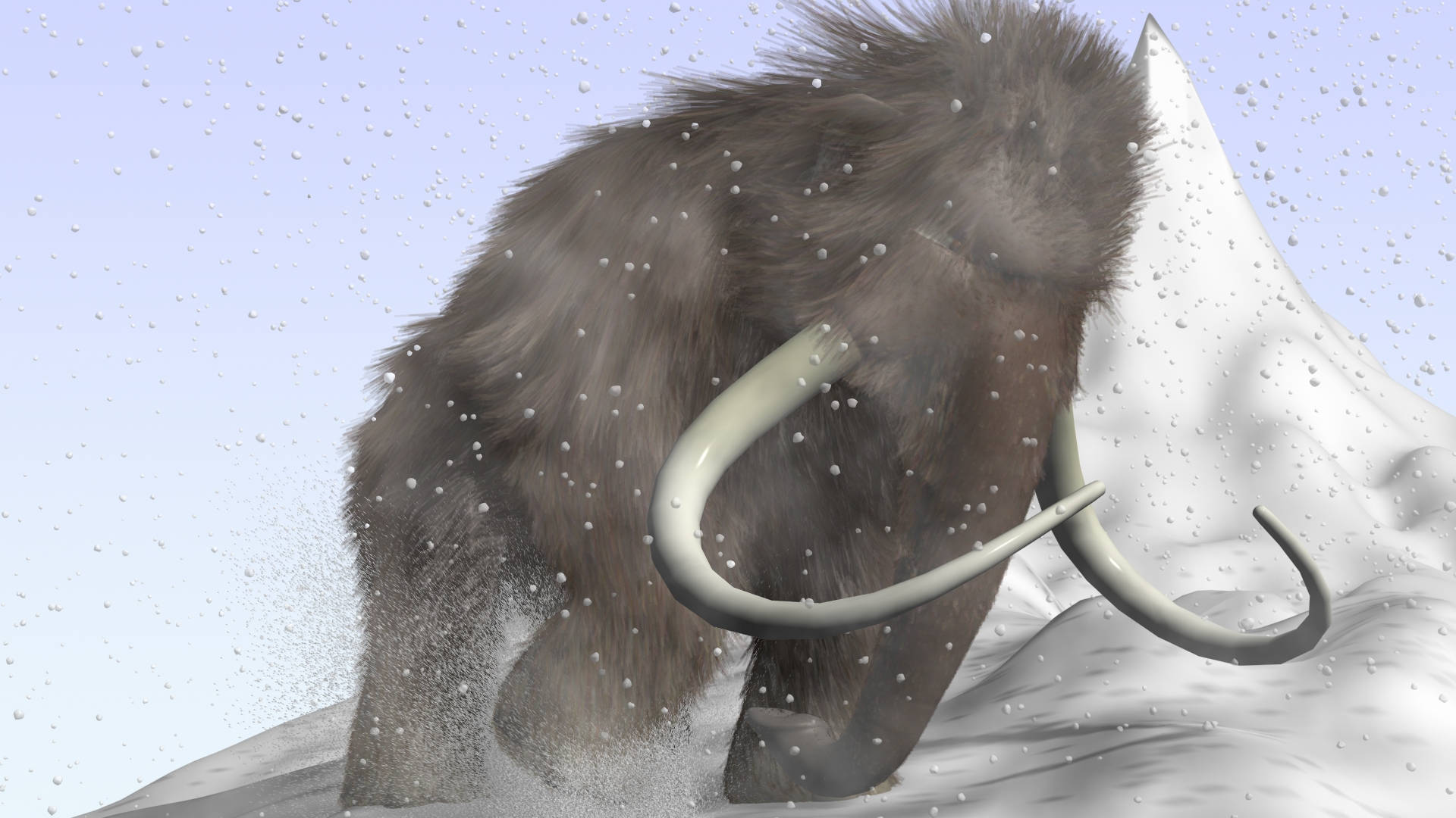 雪 桌布 壁紙 — 一頭長有彎曲象牙的長毛猛獁象，在飄雪中艱難地行走在積雪的山峰旁。