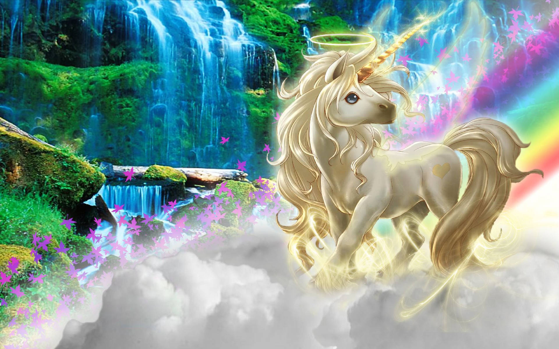 一頭發光的獨角獸站在魔法森林中瀑布附近的雲端上，伴隨著彩虹光。 — 彩虹獨角獸 壁紙