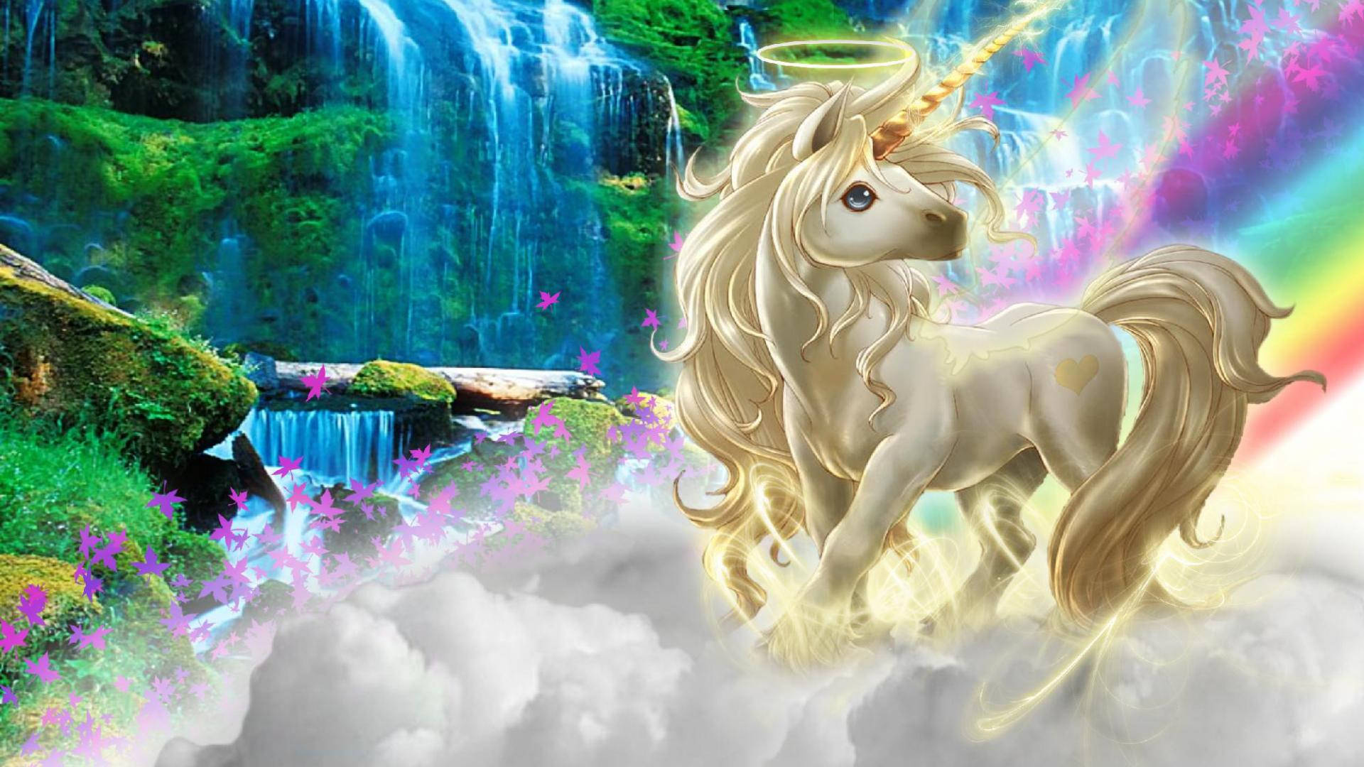 獨角獸 桌布 壁紙 — 一頭閃耀的金色獨角獸，帶有發光的角，站在雲端上，前方是瀑布，周圍環繞著茂密的綠色植物和紫色花朵。