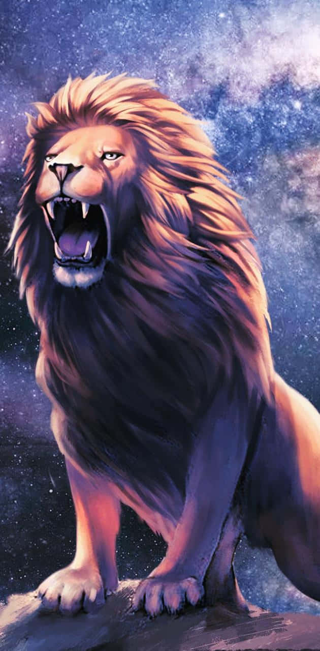 動物 桌布 壁紙 — 一頭雄偉咆哮的獅子，鬃毛閃耀，站在岩石上，背景是充滿活力的星空銀河。