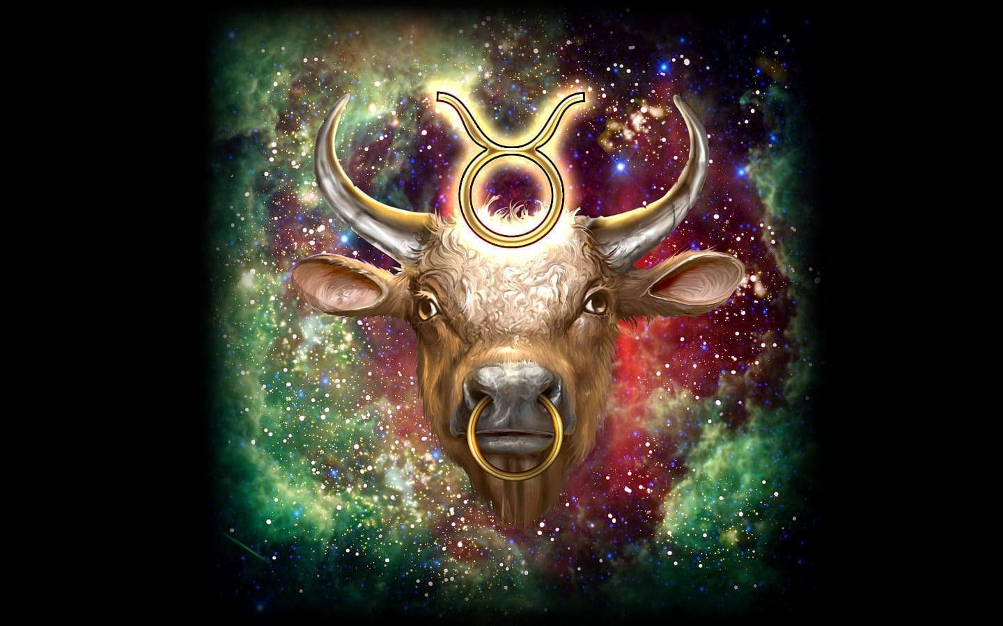 zodiac 桌布 壁紙 — 一頭雄偉的公牛，長著金色的角和鼻環，漂浮在充滿星星和旋轉星系的充滿活力的宇宙星雲中。