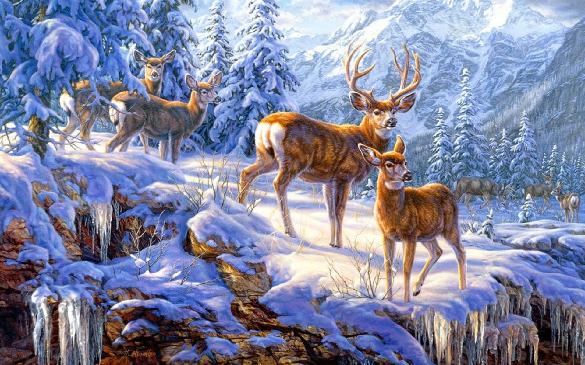 Deer Desktop 桌布 壁紙 — 一頭雄偉的公鹿和母鹿站在白雪覆蓋的懸崖上，下方掛著冰柱，周圍是冬季森林和遠處白雪覆蓋的山脈。