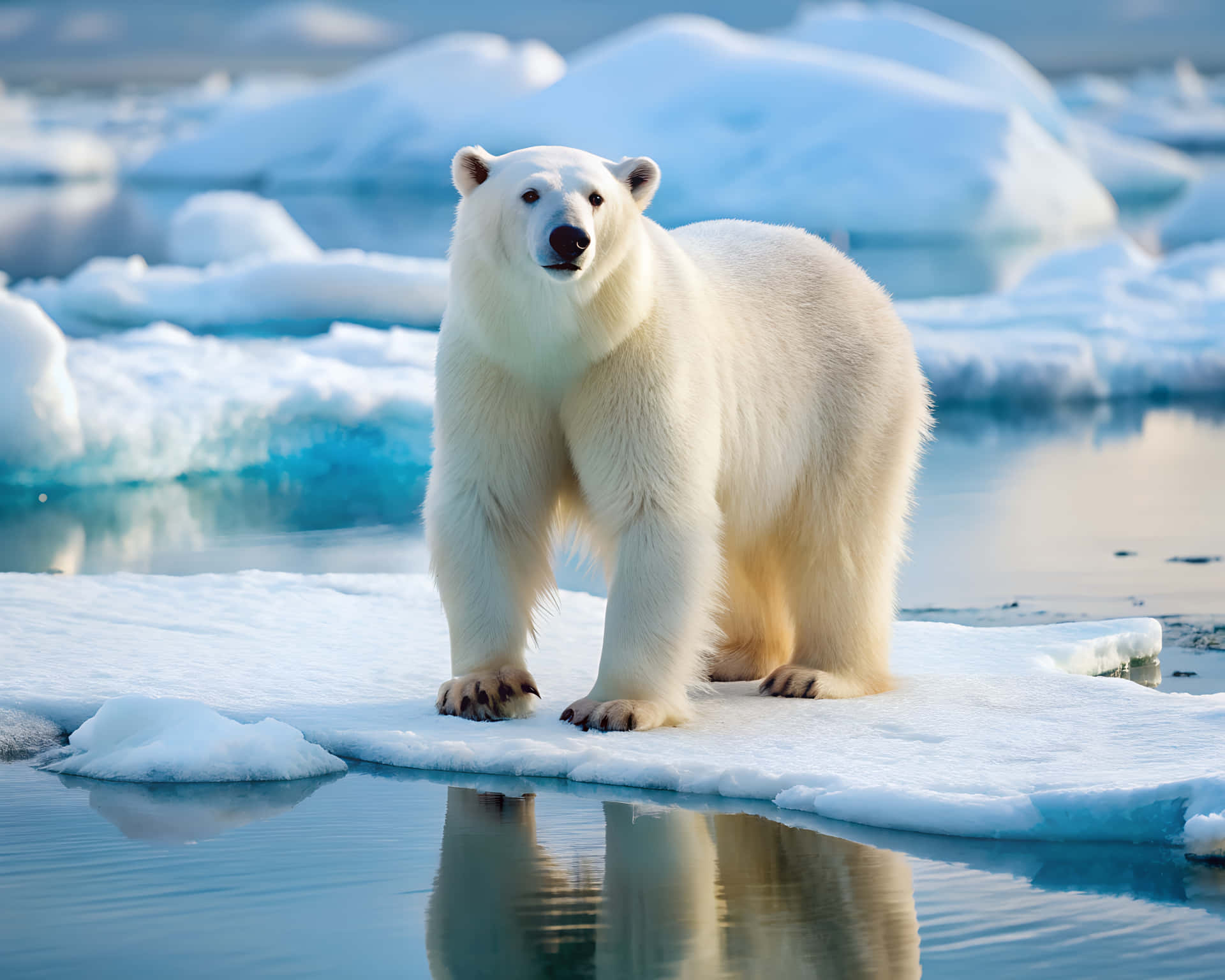 Polar bear on ice 壁紙 — 一頭雄偉的北極熊警覺地站在浮冰上，周圍是冰冷的海洋和遠處的冰山。