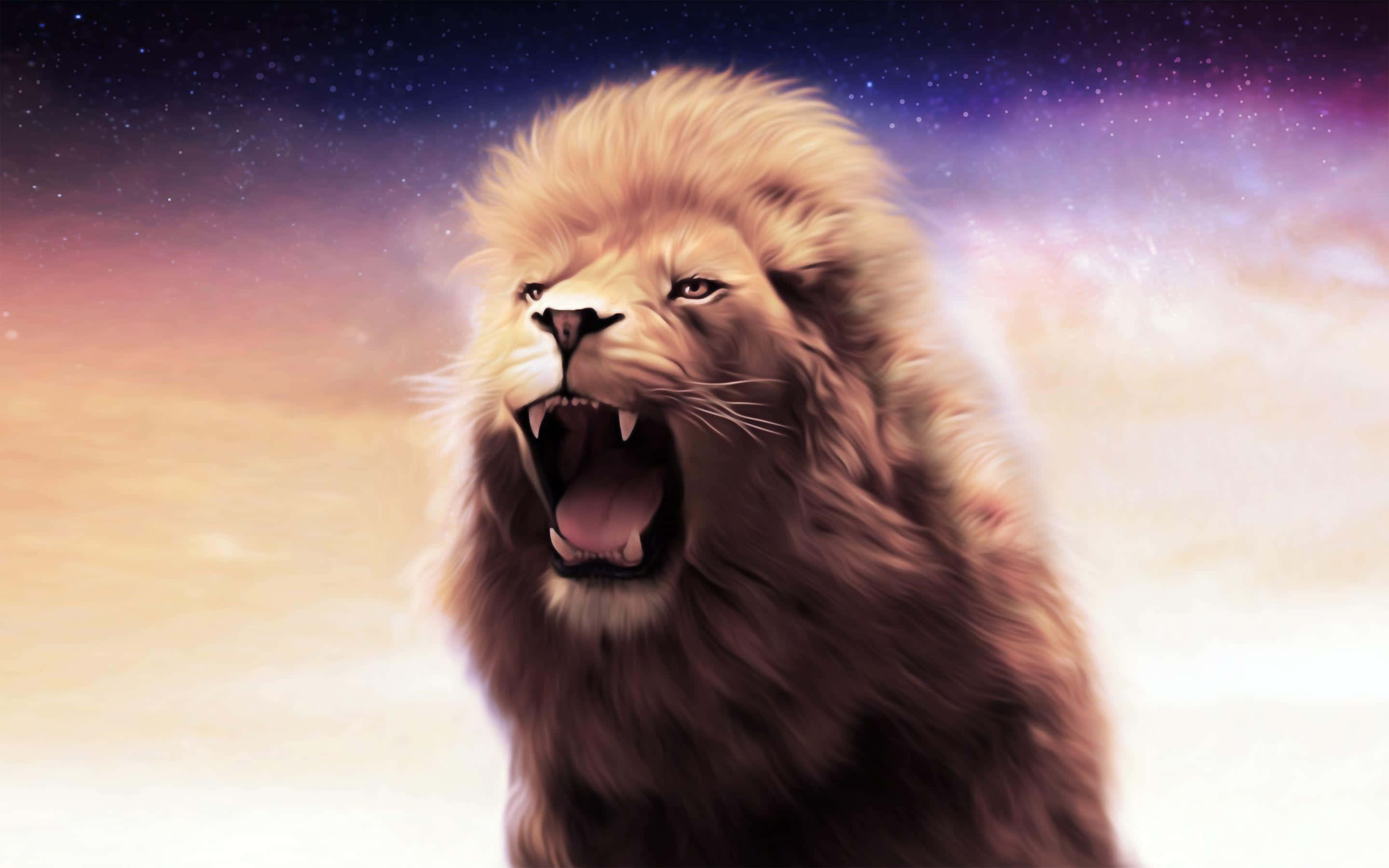 動物 桌布 壁紙 — 一頭雄偉的咆哮獅子，鬃毛豐滿，站在充滿星星和星雲的充滿活力的宇宙天空前。