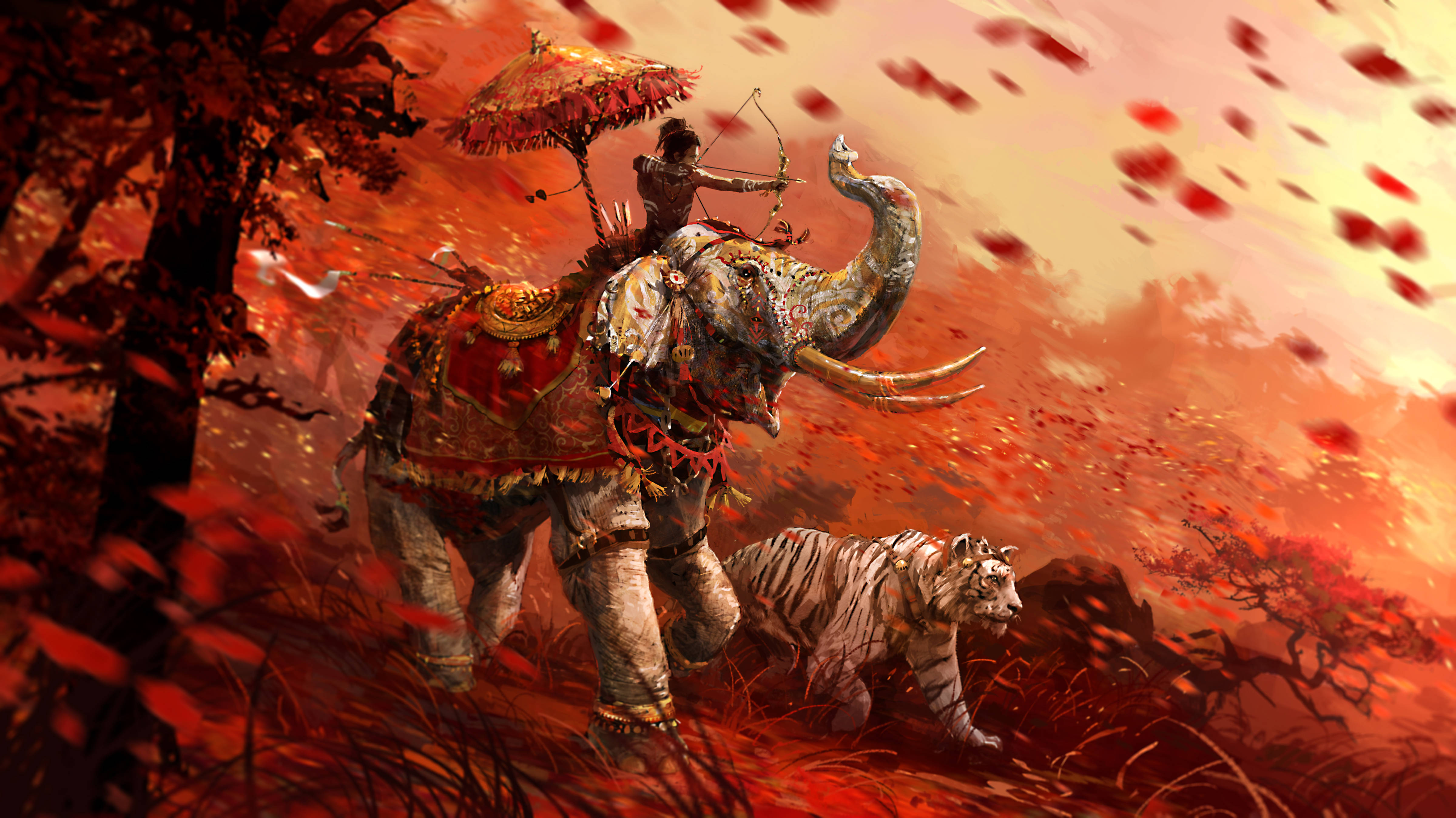 Far Cry 4 桌布 壁紙 — 一頭雄偉的大象披著紅金裝飾，載著手持弓箭和陽傘的戰士，穿過火紅的秋日森林，旁邊有一隻白虎潛行。