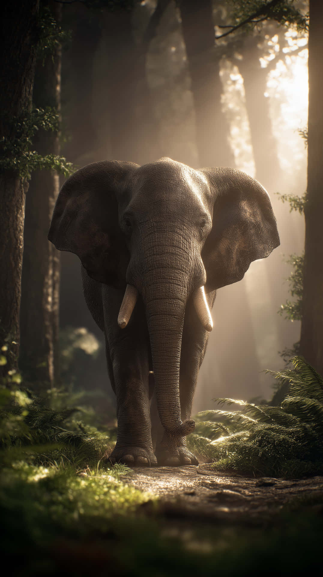 Majestic Elephant in Sun-Dappled Forest Clearing 壁紙 — 一頭雄偉的大象沿著森林小徑行走，金色的陽光透過其後的樹木灑落。