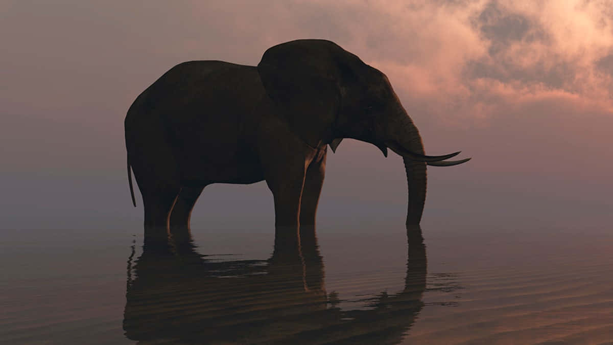 Elephant Laptop 桌布 壁紙 — 一頭雄偉的大象站在黃昏的平靜水中，其剪影映襯著柔和的粉紅色和橙色天空。