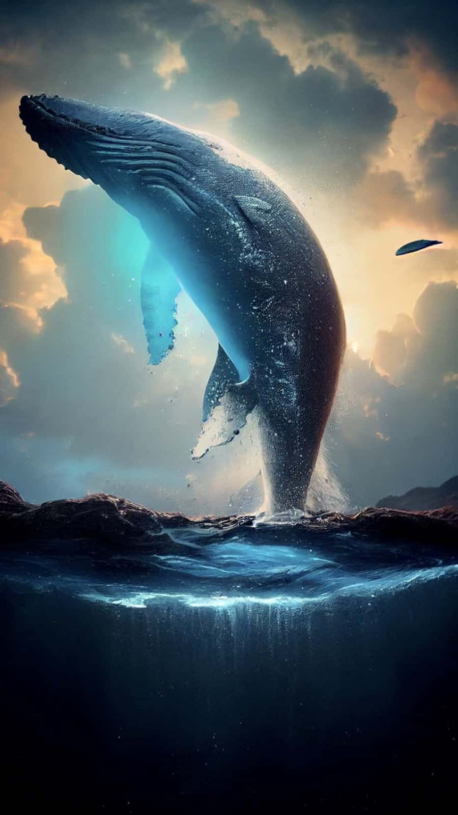 blue whale 桌布 壁紙 — 一頭雄偉的座頭鯨在金色夕陽天空下，從深藍色海洋中戲劇性地躍出水面。