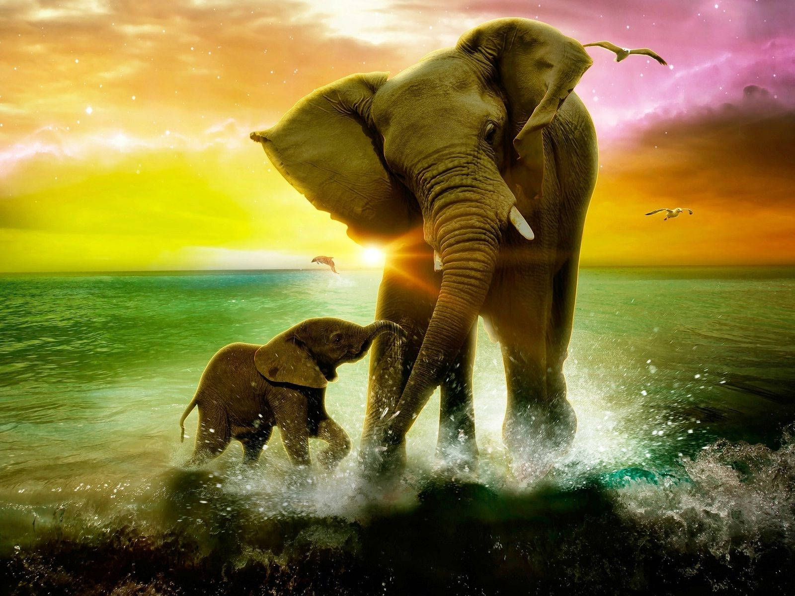 Elephant HD 桌布 壁紙 — 一頭雄偉的成年大象和小象在超現實的日落中，伴隨著鮮豔的天空和飛鳥，在海浪中嬉戲。