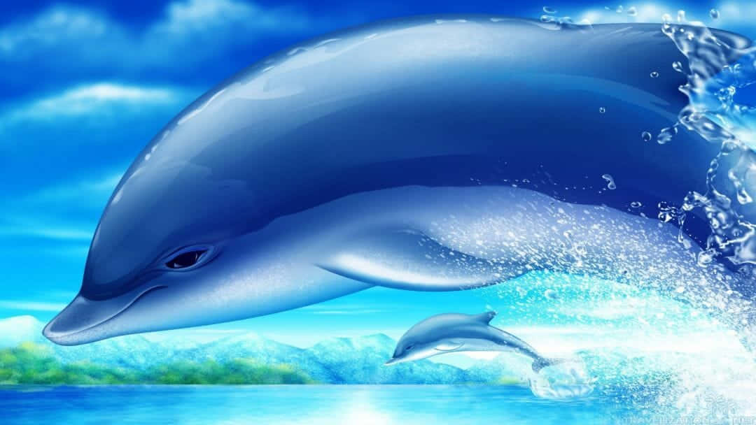動物 桌布 壁紙 — 一頭雄偉的成年海豚和幼崽在明亮的藍天和蓬鬆雲朵下，躍過閃閃發光的碧綠海水。