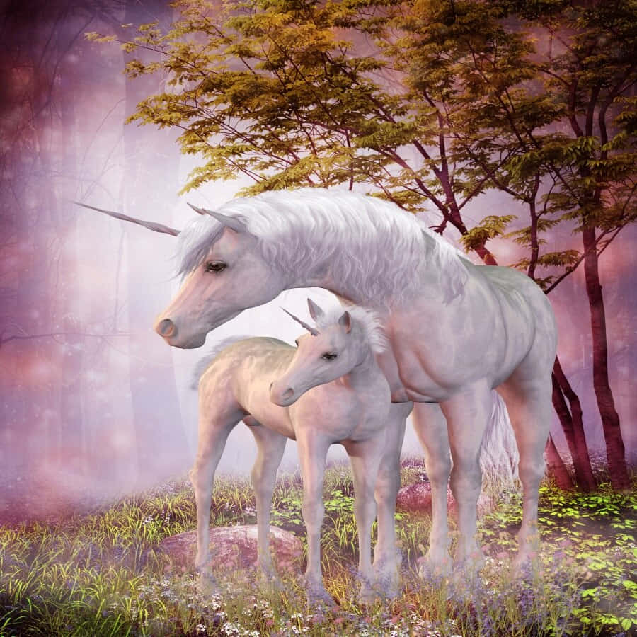 Unicorns 桌布 壁紙 — 一頭雄偉的成年獨角獸和牠的幼崽一起站在神秘的森林中，沐浴在柔和的紫色和粉紅色暮光中。