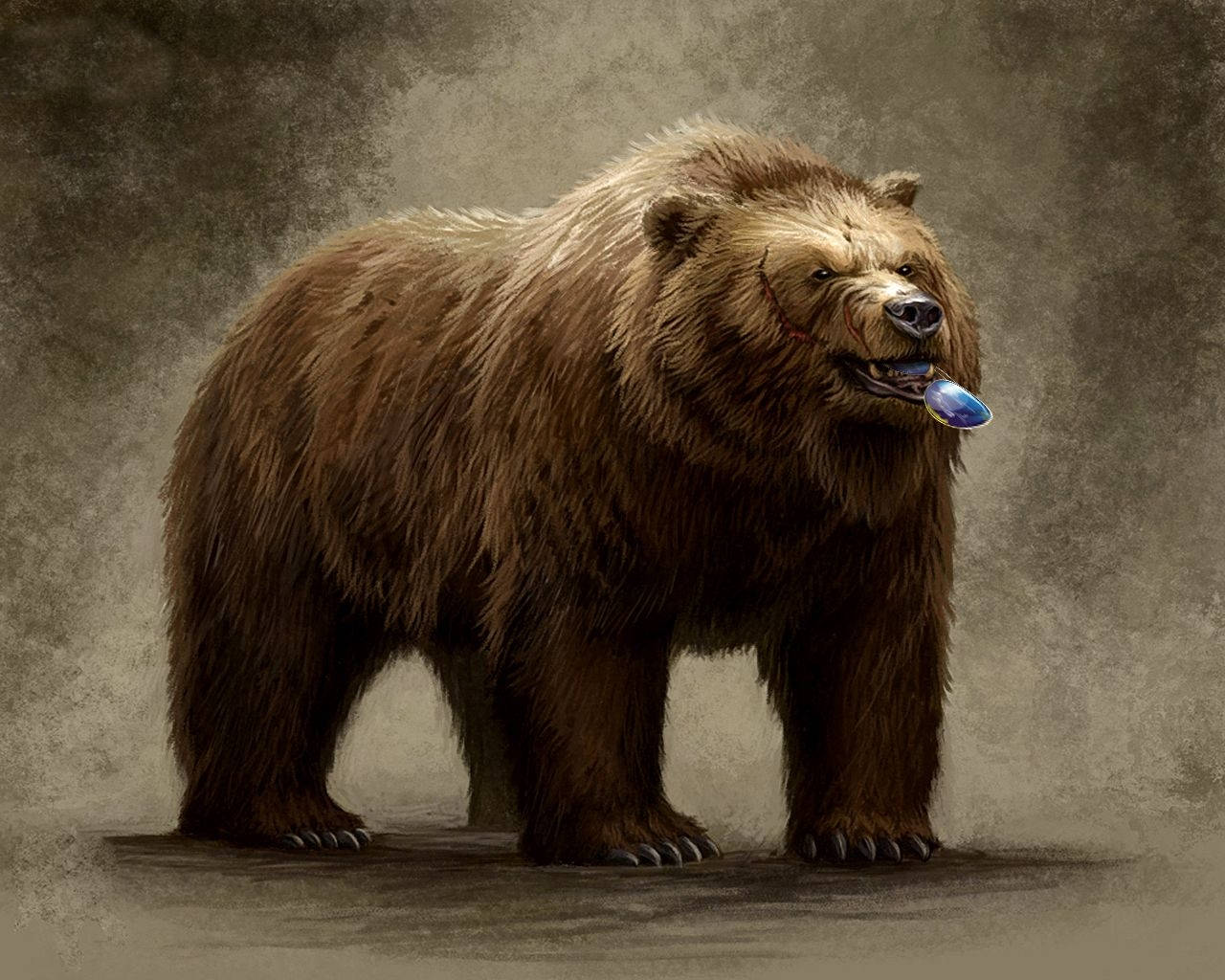 animals 桌布 壁紙 — 一頭雄偉的棕熊在柔和的灰色背景前保持警覺，嘴裡叼著一個發光的藍色球體。