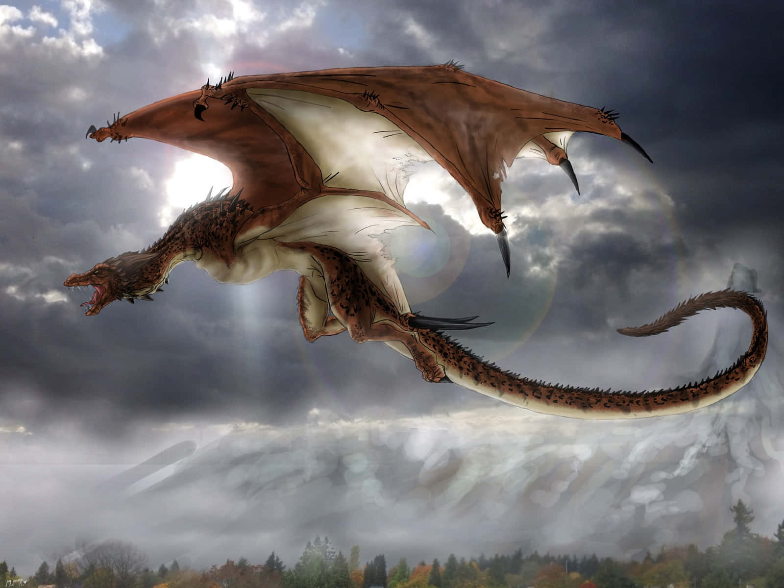 Mystical Dragon 桌布 壁紙 — 一頭雄偉的棕白龍在暴風天空中翱翔，陽光穿透雲層，照耀在霧氣籠罩的森林之上。