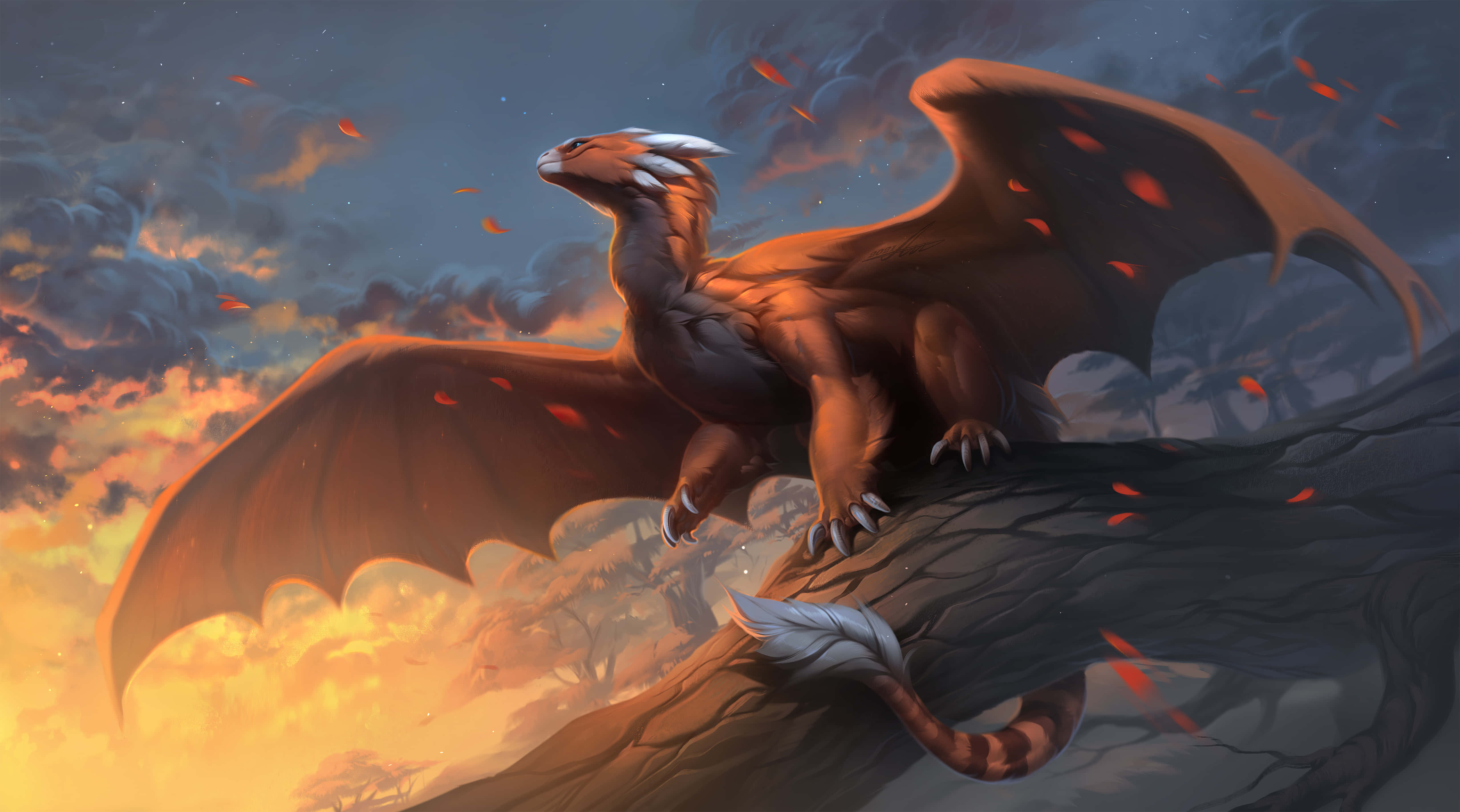 Mythical Dragon 桌布 壁紙 — 一頭雄偉的棕色龍，翅膀尖端白色，棲息在扭曲的樹枝上，背景是火紅的日落天空。