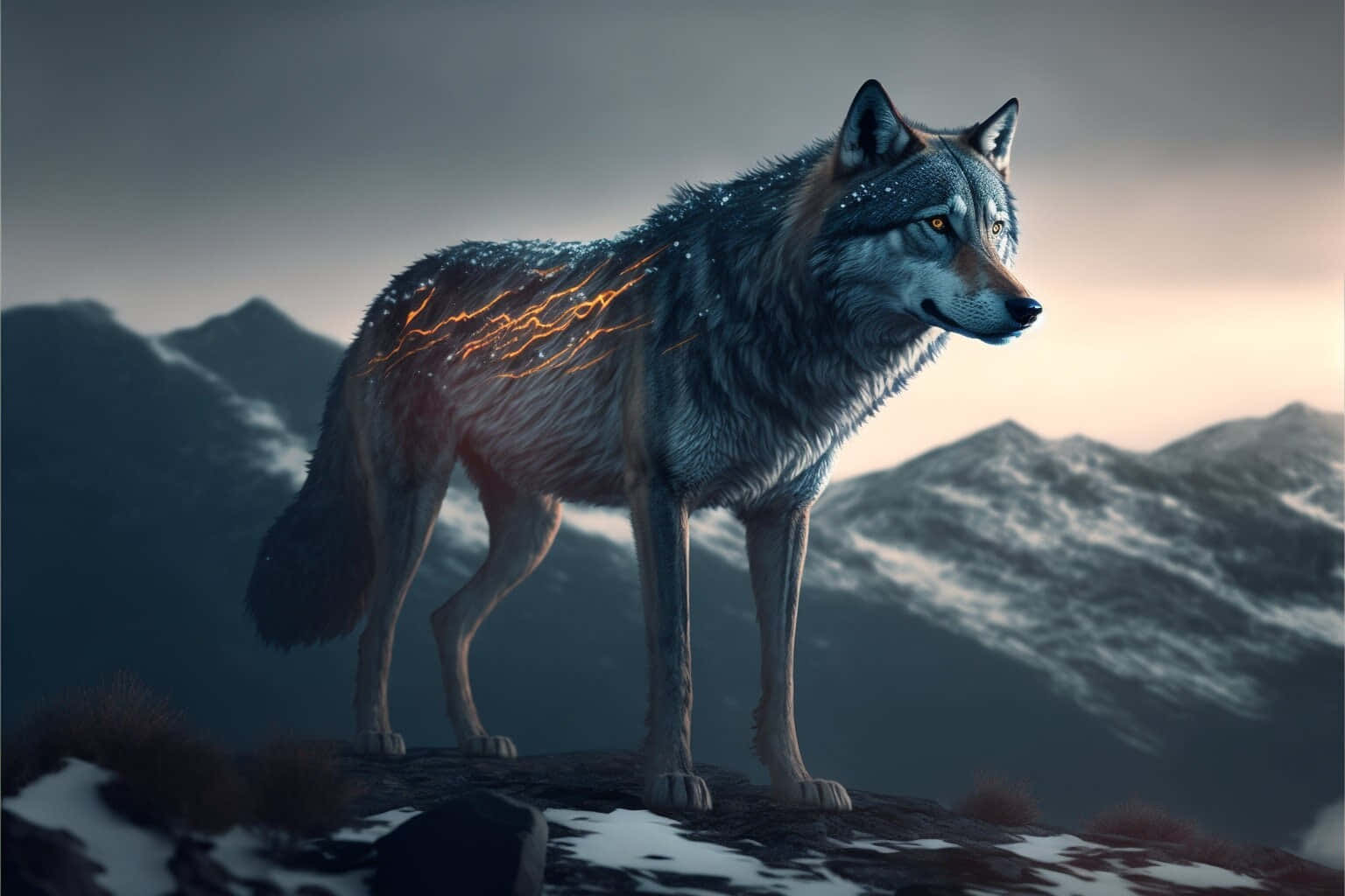 Alpha Wolf 桌布 壁紙 — 一頭雄偉的狼，帶有發光的橙色能量條紋，在黃昏時分站在白雪覆蓋的山脊頂上。