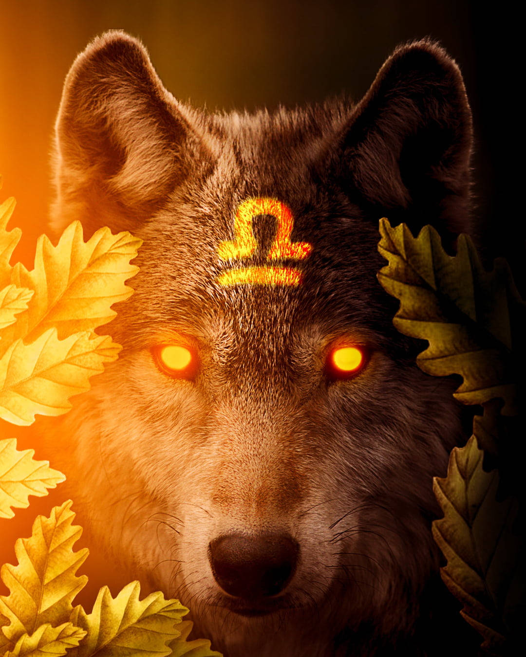 zodiac 桌布 壁紙 — 一頭雄偉的狼，擁有琥珀色發光的眼睛和額頭上的奧米加符號，在溫暖的日落光線下從金色的秋葉中浮現。