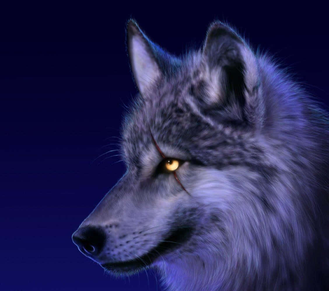 3d Wolf 桌布 壁紙 — 一頭雄偉的狼，擁有琥珀色發光的眼睛和深紅色的傷疤，在深藍色的夜空下凝視著。