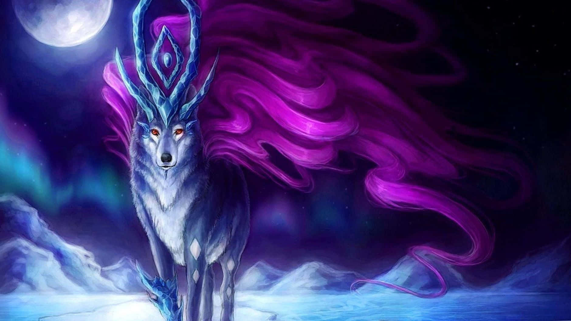 Anime Wolf Art 桌布 壁紙 — 一頭雄偉的狼，擁有發光的紅眼睛和冰藍色的鹿角，站在雪景中，滿月下環繞著旋轉的紫色能量。