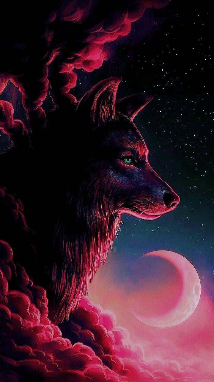 Red Wolf 桌布 壁紙 — 一頭雄偉的狼，擁有發光的綠色眼睛，從充滿活力的粉紅色雲層中出現，背景是帶有新月和星光的夜空。