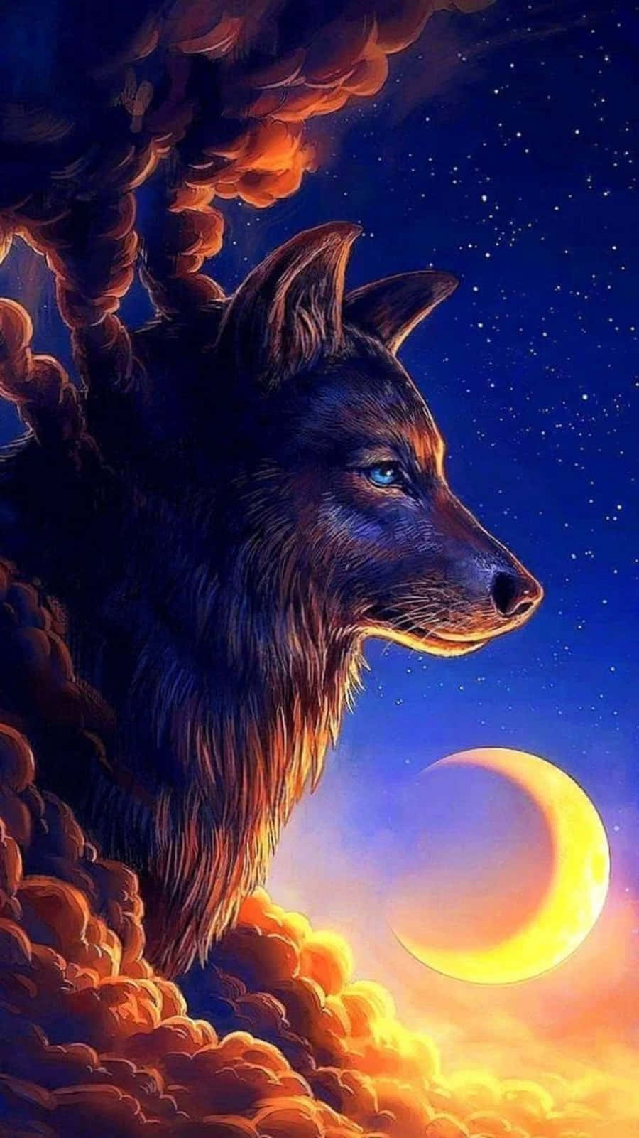 anime wolf 桌布 壁紙 — 一頭雄偉的狼，擁有發光的藍色眼睛，透過熾熱的橙色雲層向上凝視，背景是帶有彎月的星空夜空。