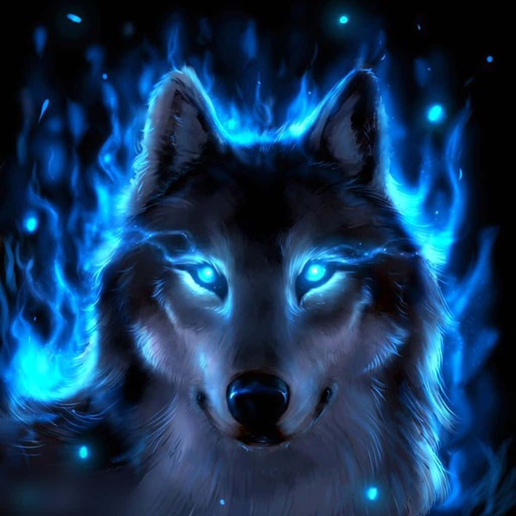 Blue Fire Wolf 桌布 壁紙 — 一頭雄偉的狼，擁有發光的藍色眼睛，頭部周圍環繞著電藍色火焰，背景為黑暗。