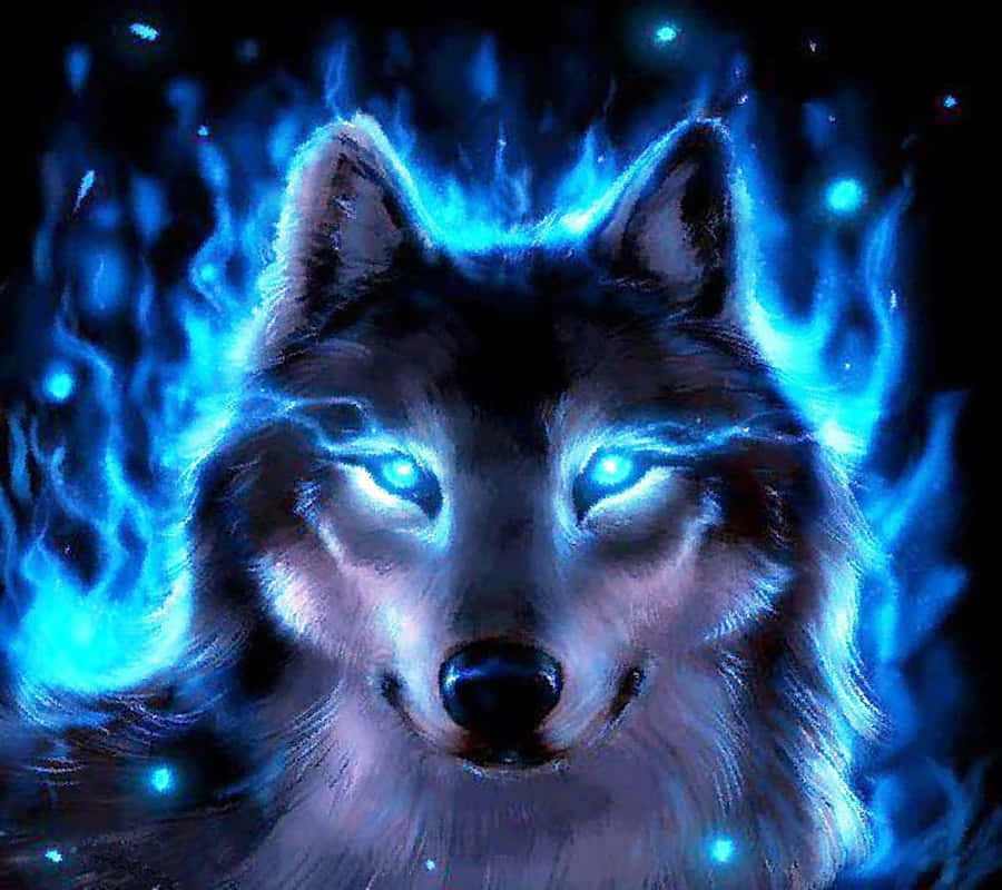 Fire And Ice Wolf 桌布 壁紙 — 一頭雄偉的狼，擁有發光的藍色眼睛和頭部周圍的電藍色火焰，背景為深色。