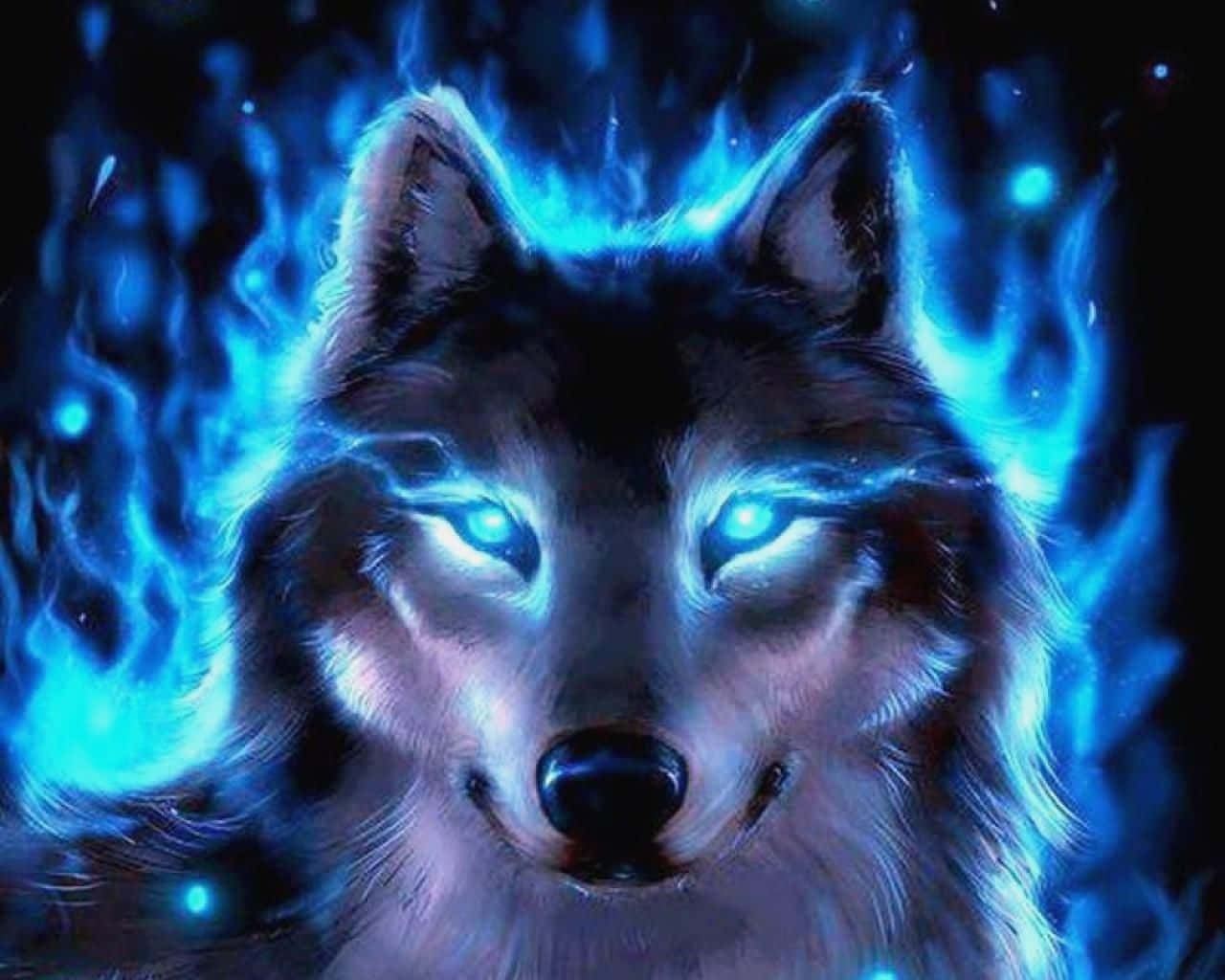 Galaxy Wolves 桌布 壁紙 — 一頭雄偉的狼，擁有發光的藍色眼睛和電藍色火焰在頭部周圍旋轉，背景為深色。