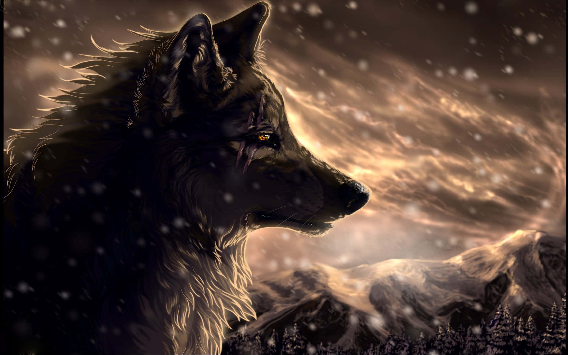 anime wolf 桌布 壁紙 — 一頭雄偉的狼，擁有閃爍的琥珀色眼睛，站在白雪覆蓋的山景中，天空呈現戲劇性的金色。