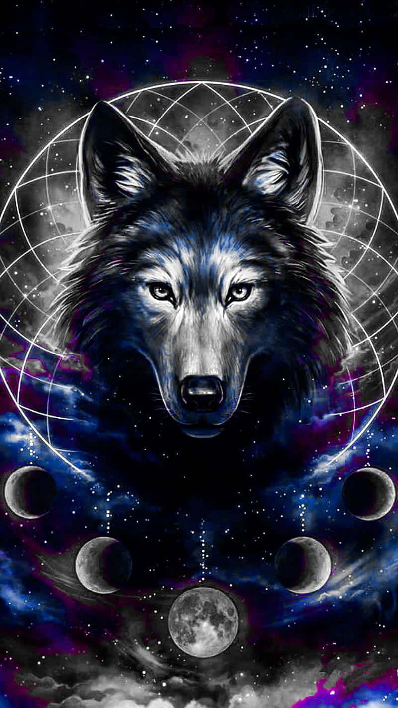 Epic Wolves 桌布 壁紙 — 一頭雄偉的狼，眼睛發光，從一個被月亮盈虧環繞的宇宙球體中凝視著星空星雲。