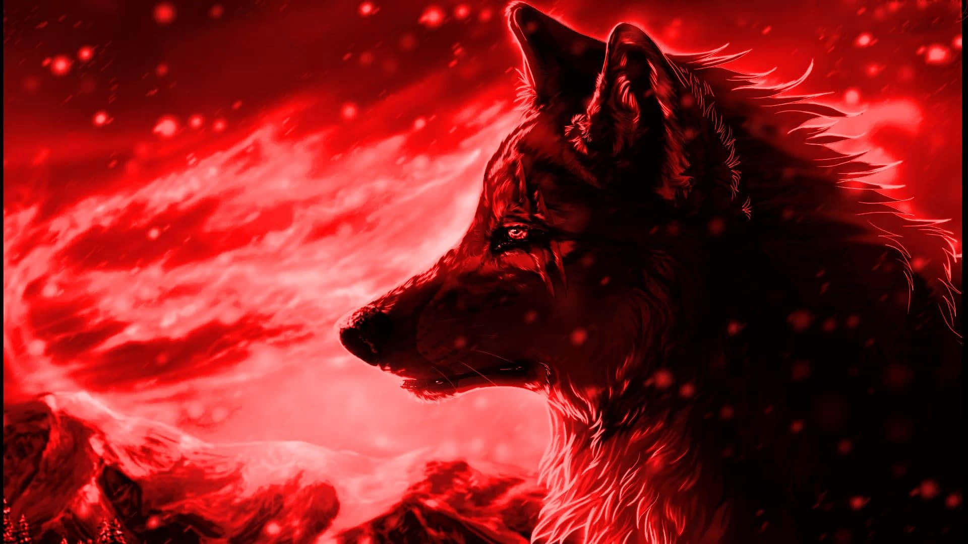 Red Wolf 桌布 壁紙 — 一頭雄偉的狼側面站立，背景是旋轉的紅色天空，雪花飄落在雪山之上。