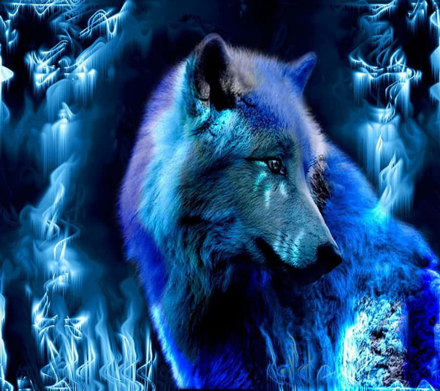 Beautiful Wolf 桌布 壁紙 — 一頭雄偉的狼在旋轉的黑暗背景中散發出電光藍色的能量。