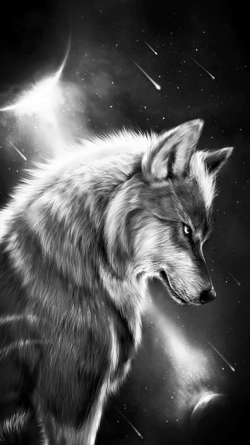Dogs 桌布 壁紙 — 一頭雄偉的狼在星空和流星的宇宙背景下向前凝視，構成戲劇性的黑白場景。