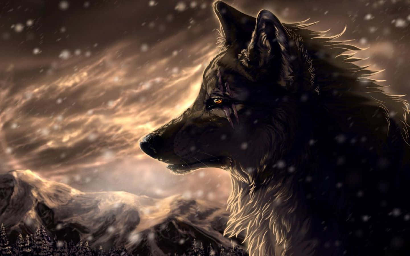 3d Wolf 桌布 壁紙 — 一頭雄偉的狼在金色暮色天空下，以雪覆蓋的山脈為背景，側面站立。