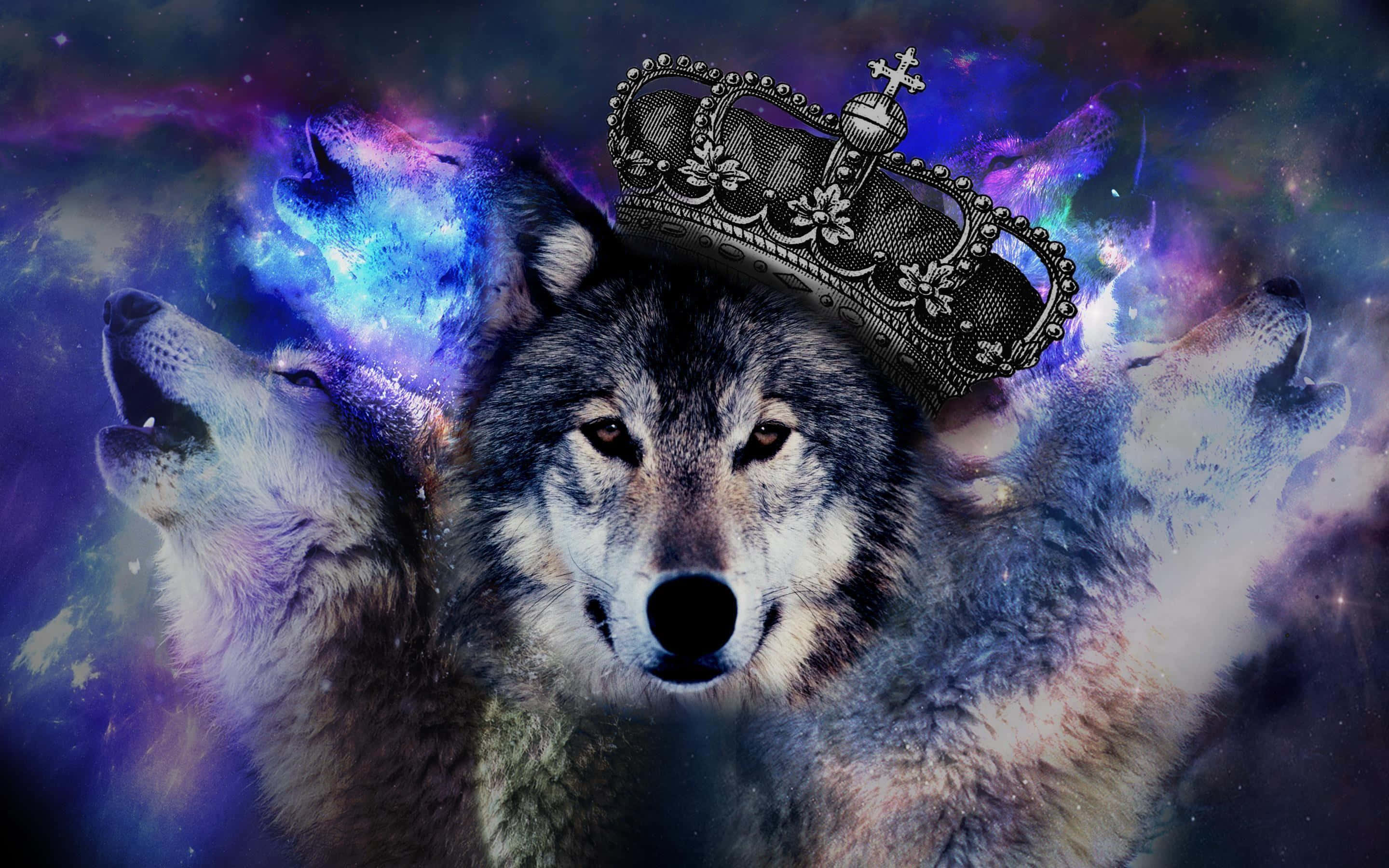 3d Wolf 桌布 壁紙 — 一頭雄偉的狼戴著華麗的頭飾，在充滿活力的宇宙星雲背景下嚎叫。