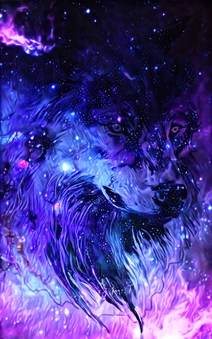 由宇宙星雲形成的狼頭，帶有發光的紫色和藍色星星。