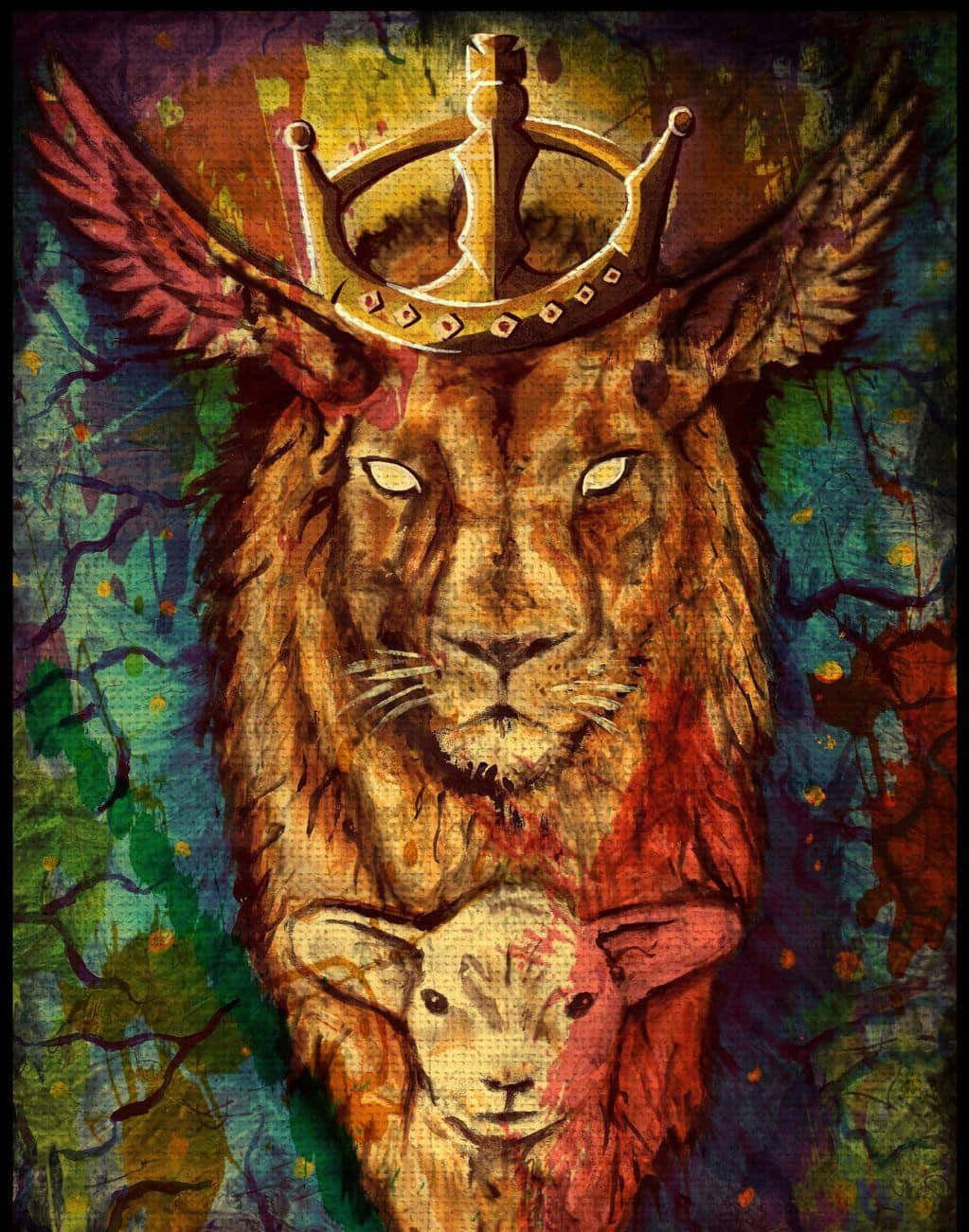 Holy Trinity 桌布 壁紙 — 一頭雄偉的獅子，戴著金色皇冠和翅膀，在充滿活力的抽象背景中懷抱一隻羔羊。