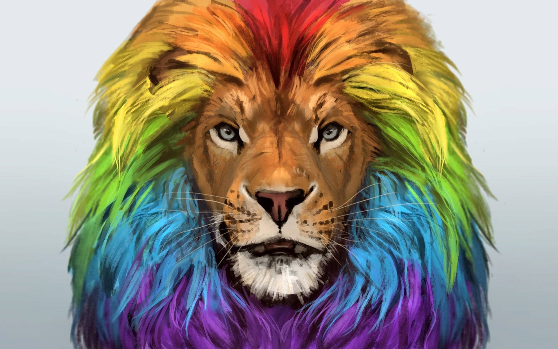 Lion Face 桌布 壁紙 — 一頭雄偉的獅子，擁有充滿活力的彩虹鬃毛，在柔和的灰色背景下強烈凝視。