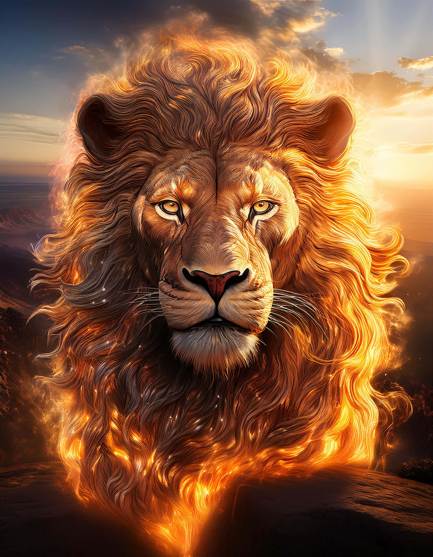 The Power of the Fiery Mane Lion 壁紙 — 一頭雄偉的獅子，擁有火焰般的金色鬃毛，威嚴地站在夕陽天空下，溫暖的光芒映照著牠銳利的眼神。