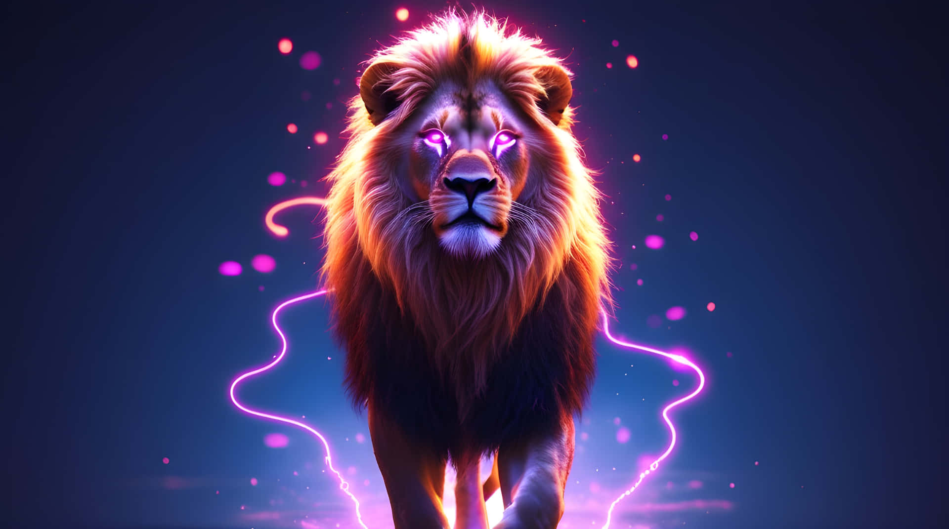 A majestic lion show his face 壁紙 — 一頭雄偉的獅子，擁有發光的紫色眼睛和電光粉紅色的能量漩渦環繞身體，背景為深藍色。