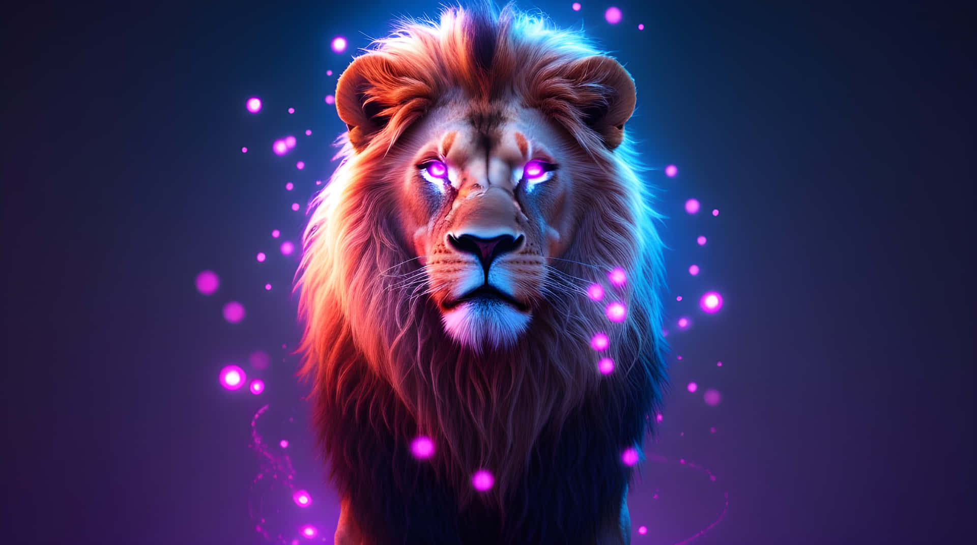 A beautiful neon colour lion 壁紙 — 一頭雄偉的獅子，擁有發光的紫色眼睛和光芒四射的鬃毛，被閃爍的霓虹粒子環繞，背景為深色漸變。