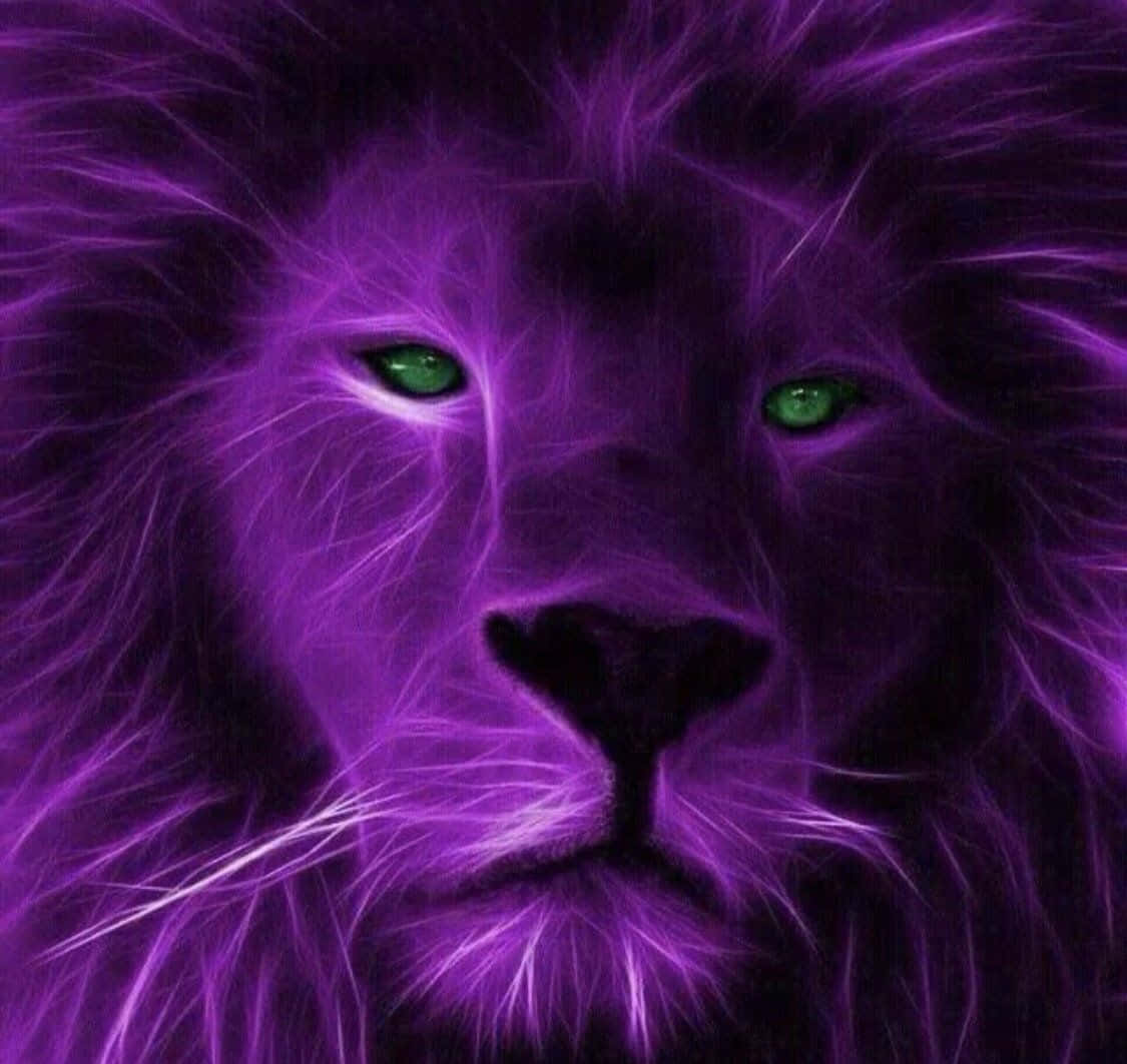 Lions 桌布 壁紙 — 一頭雄偉的獅子，擁有發光的綠色眼睛和電光紫色毛髮，在黑暗背景下凝視著。