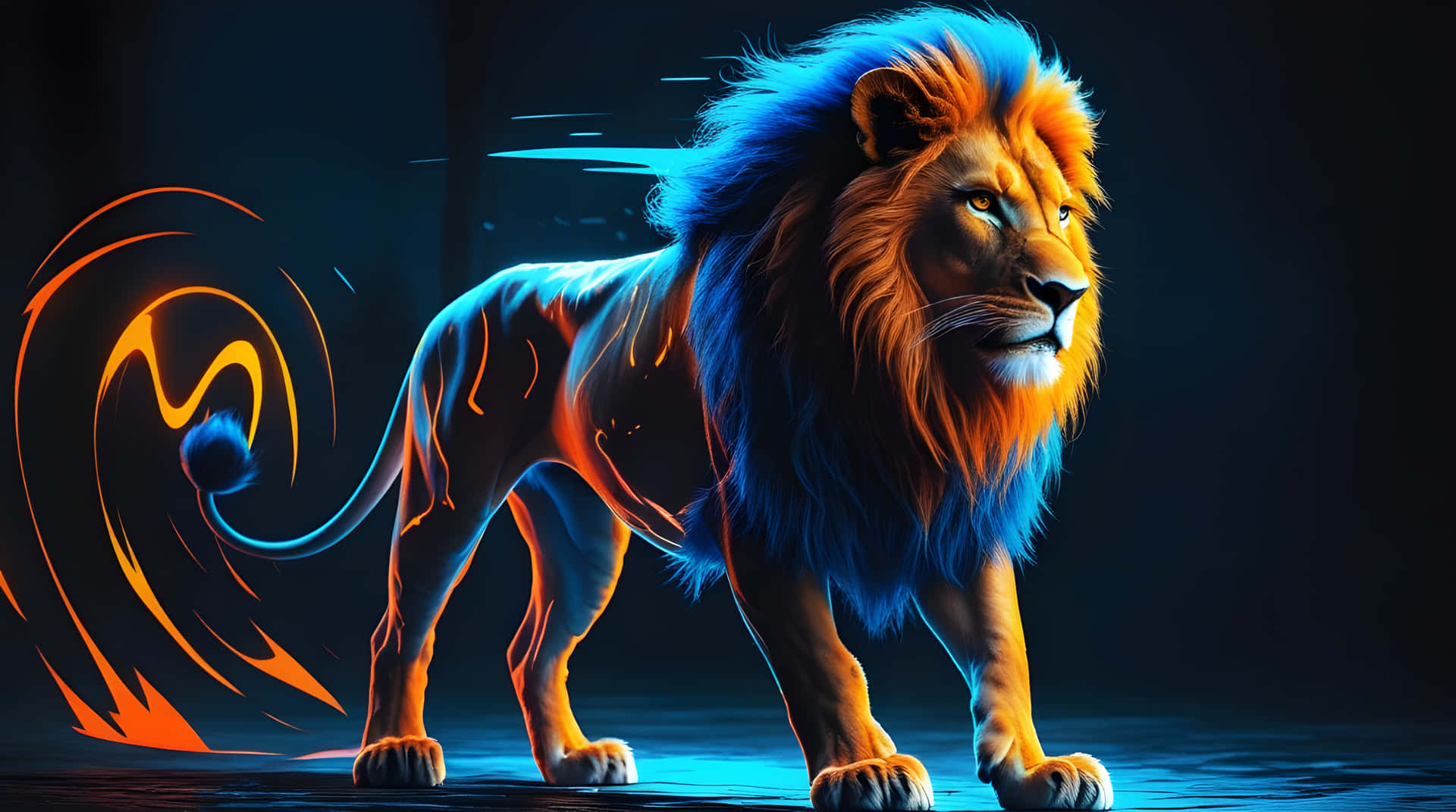 Very strong lion king 壁紙 — 一頭雄偉的獅子，擁有發光的藍色和橙色毛髮，站在黑暗的背景前，尾巴拖曳著旋轉的火焰能量。