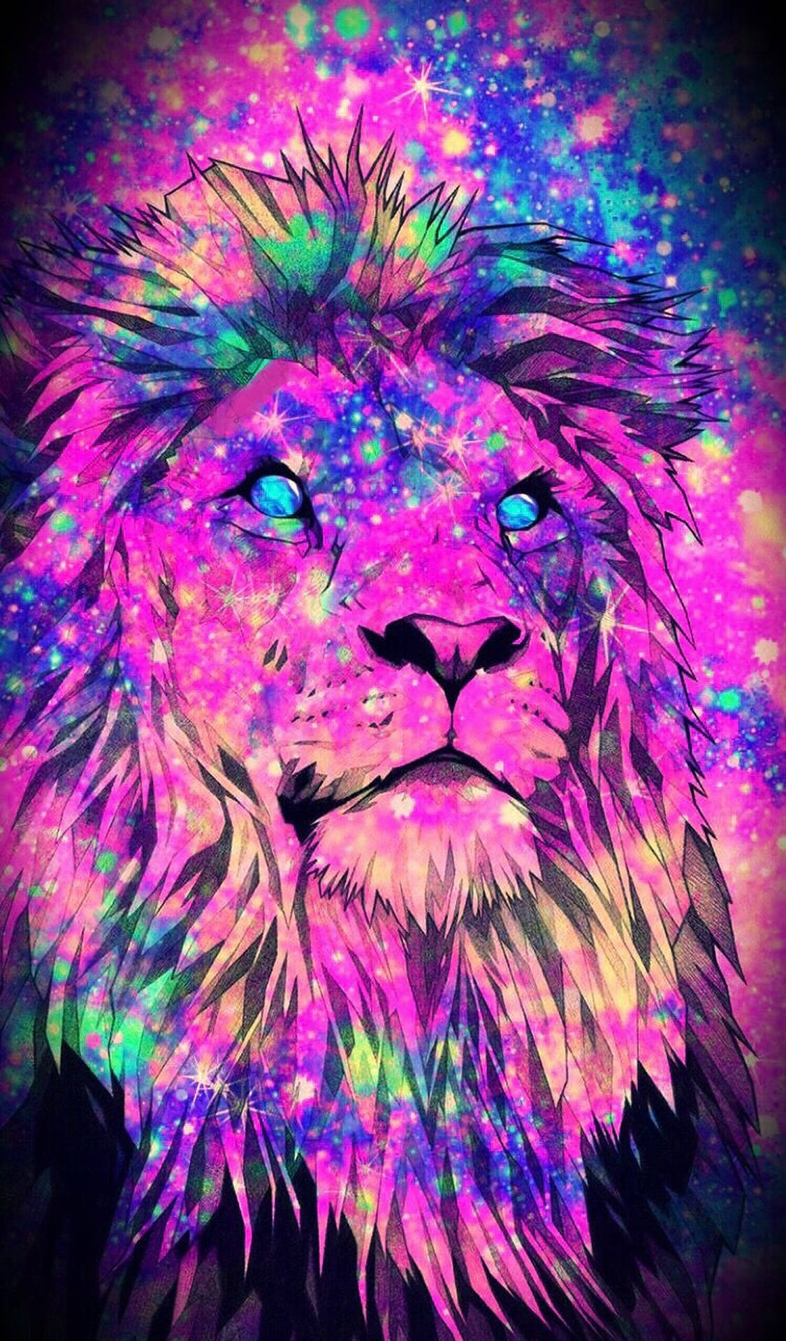 一頭獅子，擁有宇宙鬃毛和發光的眼睛，背景是星光燦爛的銀河。 — 銀河獅子 壁紙