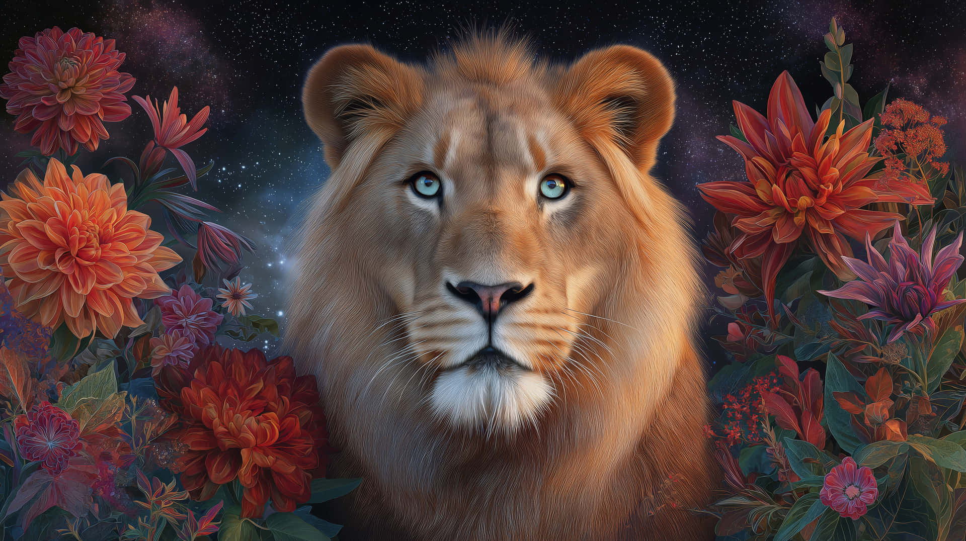 Majestic Lion with Blue Eyes Surrounded by Autumnal Flowers 壁紙 — 一頭雄偉的獅子，擁有銳利的藍色眼睛，凝視前方，被鮮豔的橙色和紅色花朵環繞，背景是星光燦爛的宇宙。
