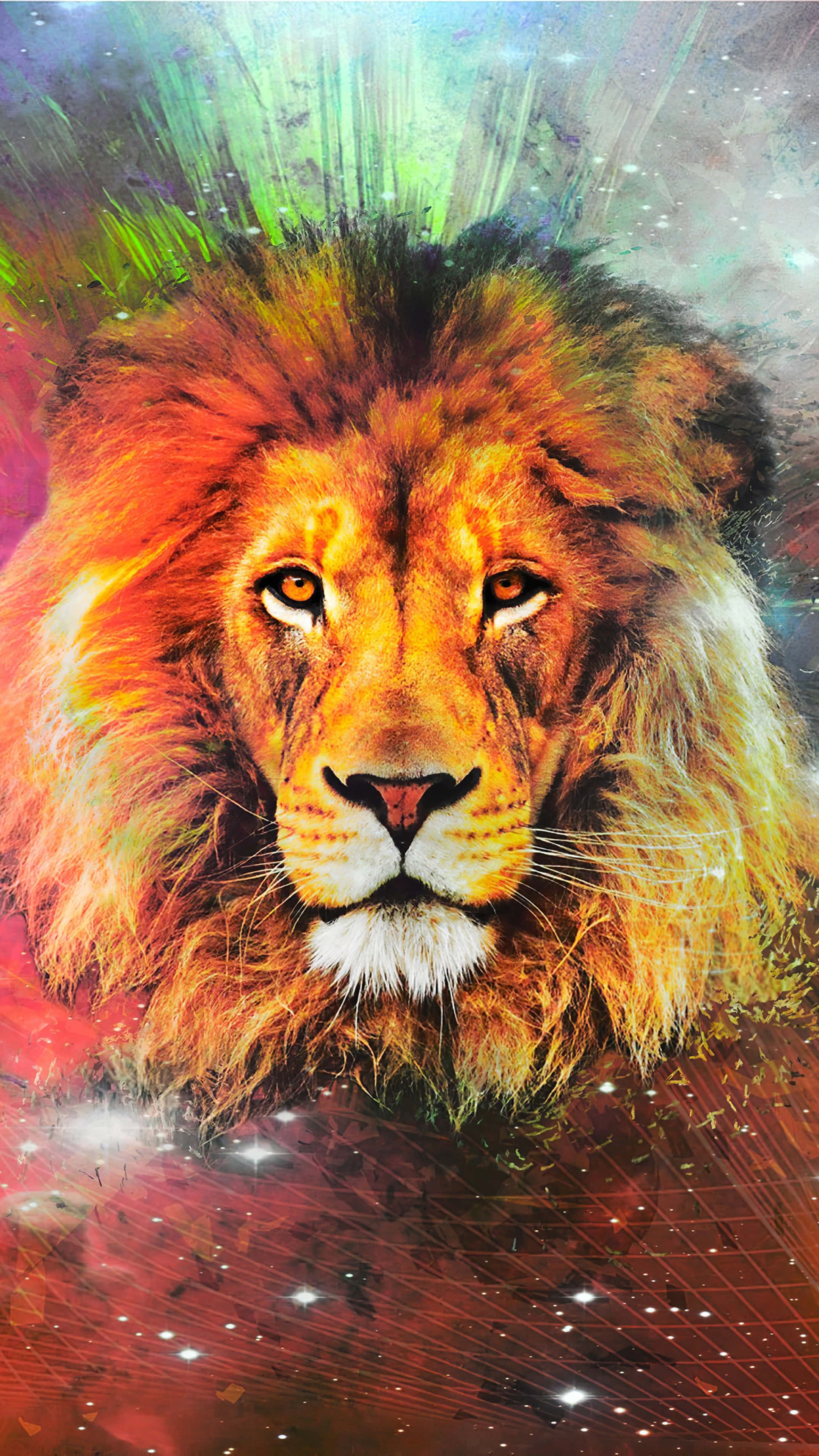 Lion Of Judah 桌布 壁紙 — 一頭雄偉的獅子，有著火焰般的鬃毛，在閃爍星星和絢麗色彩的宇宙星雲背景下，凝視著。
