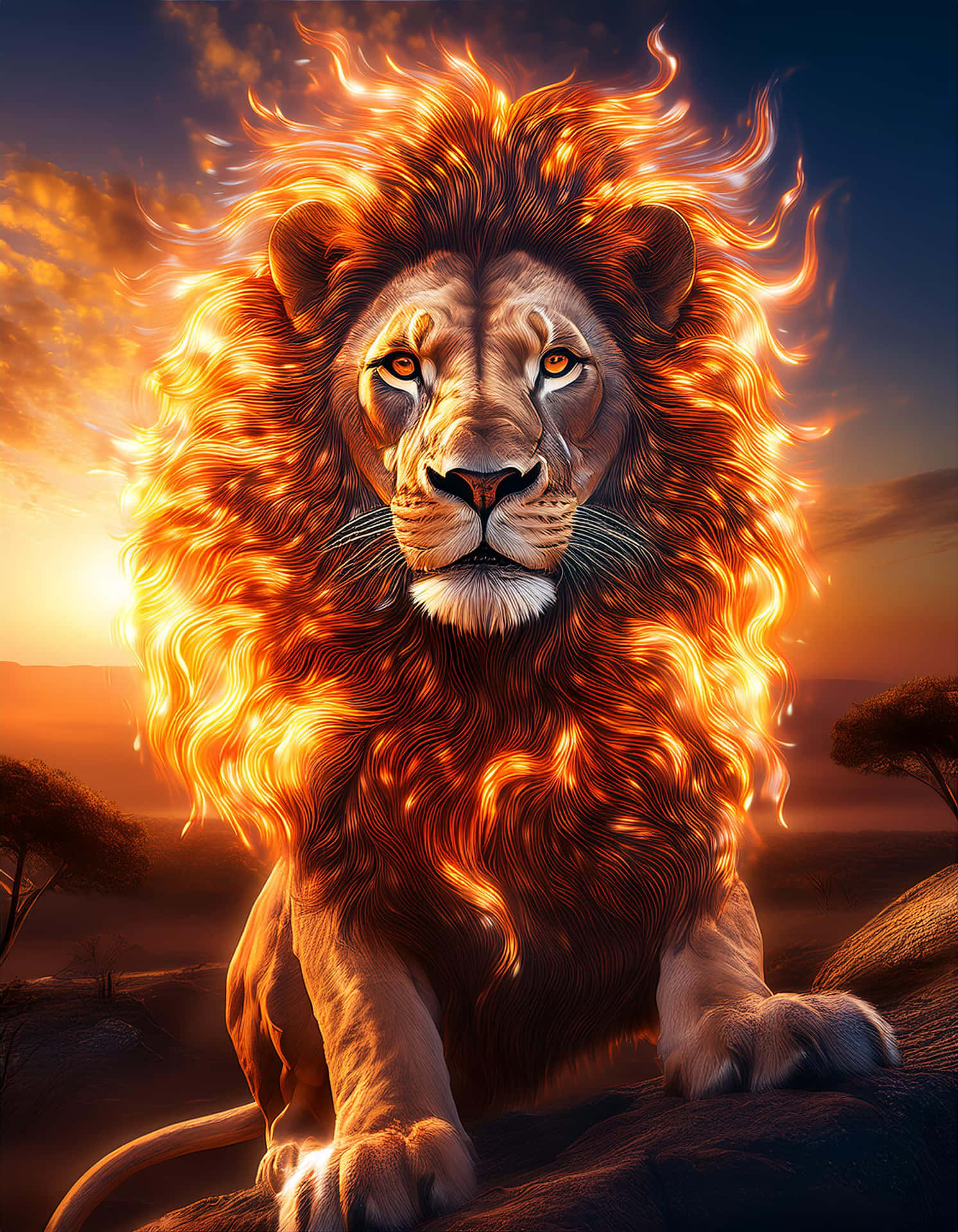 The Power of the Fiery Mane Lion 壁紙 — 一頭雄偉的獅子，有著火焰般的鬃毛，威嚴地坐在岩石露頭上，金色的夕陽光芒沐浴著牠的皮毛和後方的稀樹草原。